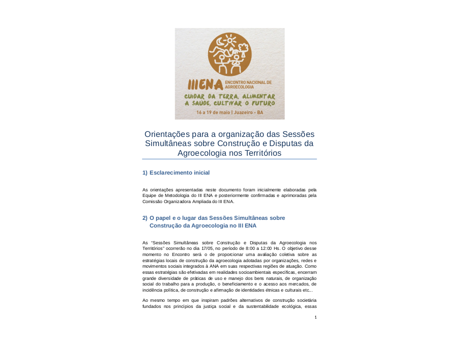 Orientações para a organização das sessões simultâneas sobre construção e disputas da Agroecologia nos Territórios